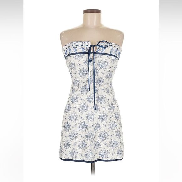 With Jean Sabrin Toile Papillon Strapless Floral Blue White Mini Dress‎ medium - Picture 4 of 16